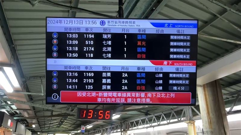 台鐵新竹站大廳都是等待的旅客，北上南下班次都受到影響。（圖／翻攝畫面）